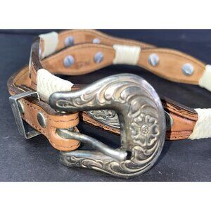 Vintage Mexican Leather Belt With Silver Decorative Buckle & Concho Sz 32 Alpaca